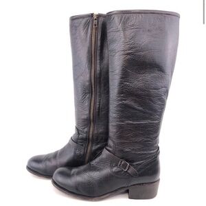 Frye Lynn Strap Tall Zip Up Black Leather Boots